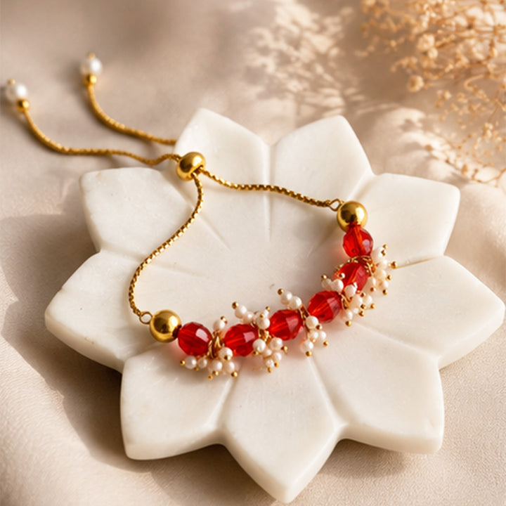 Hand-Knotted Red Beaded Lumba With Roli Chawal For Bhabhi