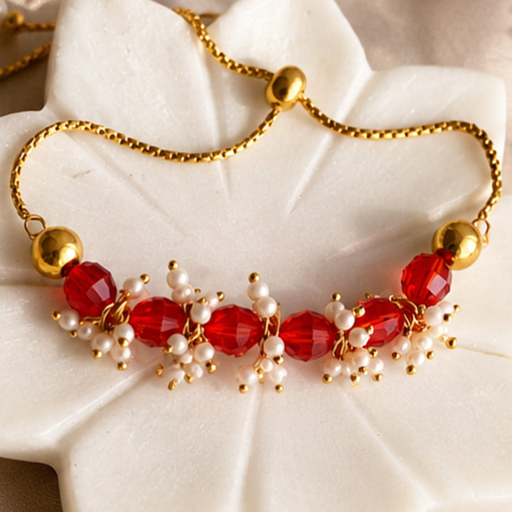 Hand-Knotted Red Beaded Lumba With Roli Chawal For Bhabhi
