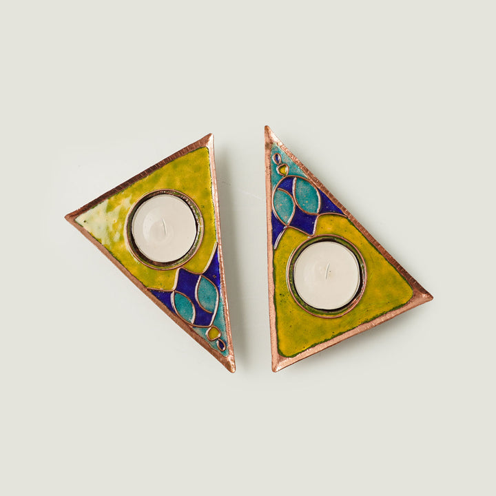 Copper Enamel Triangle Rangoli Tealight Holders I Set of 2