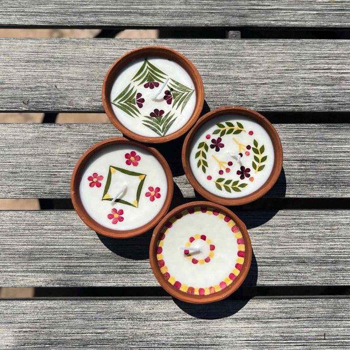 Soy Wax & Earthen Festive 4 Inch Diyas | Set of 4