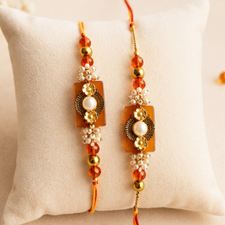 Hand-Knotted Orange Beaded Rakhi & Lumba Set For Bhaiya Bhabhi | Set of 2