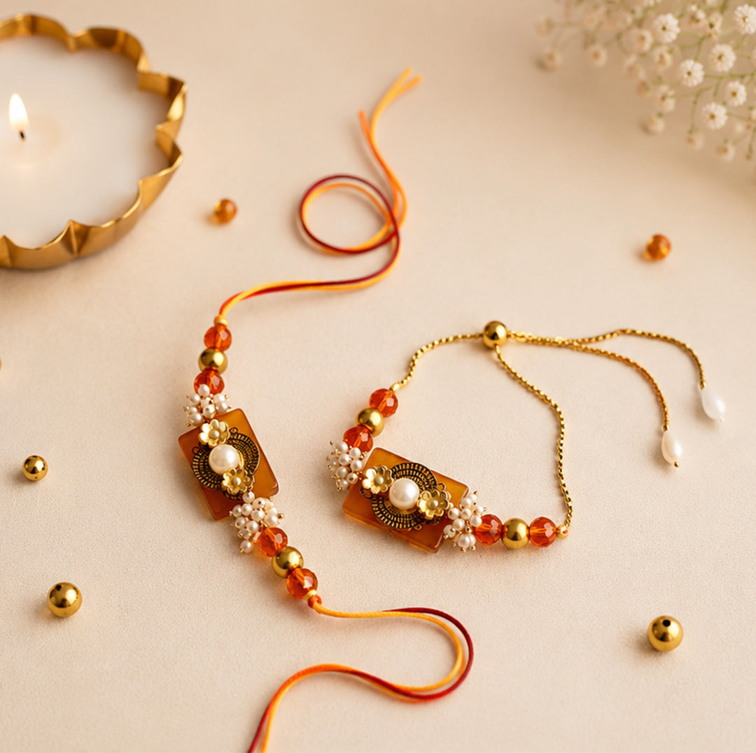 Hand-Knotted Orange Beaded Rakhi & Lumba Set For Bhaiya Bhabhi | Set of 2