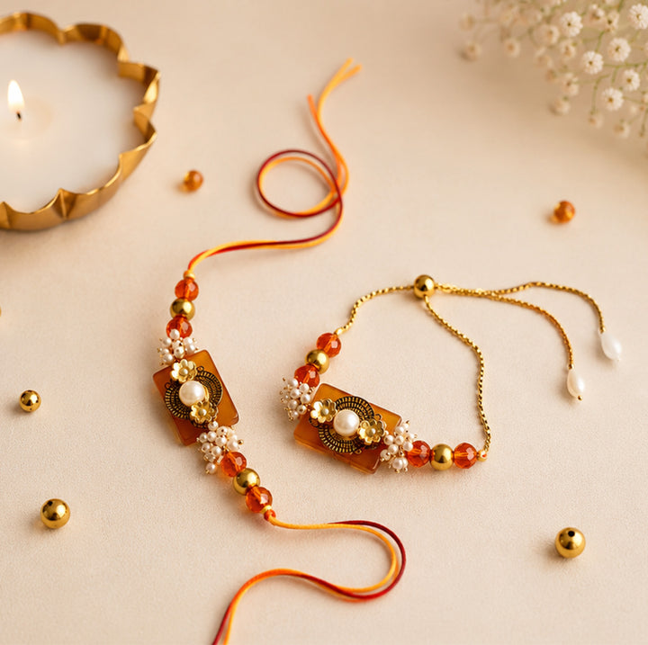 Hand-Knotted Orange Beaded Rakhi & Lumba Set For Bhaiya Bhabhi | Set of 2