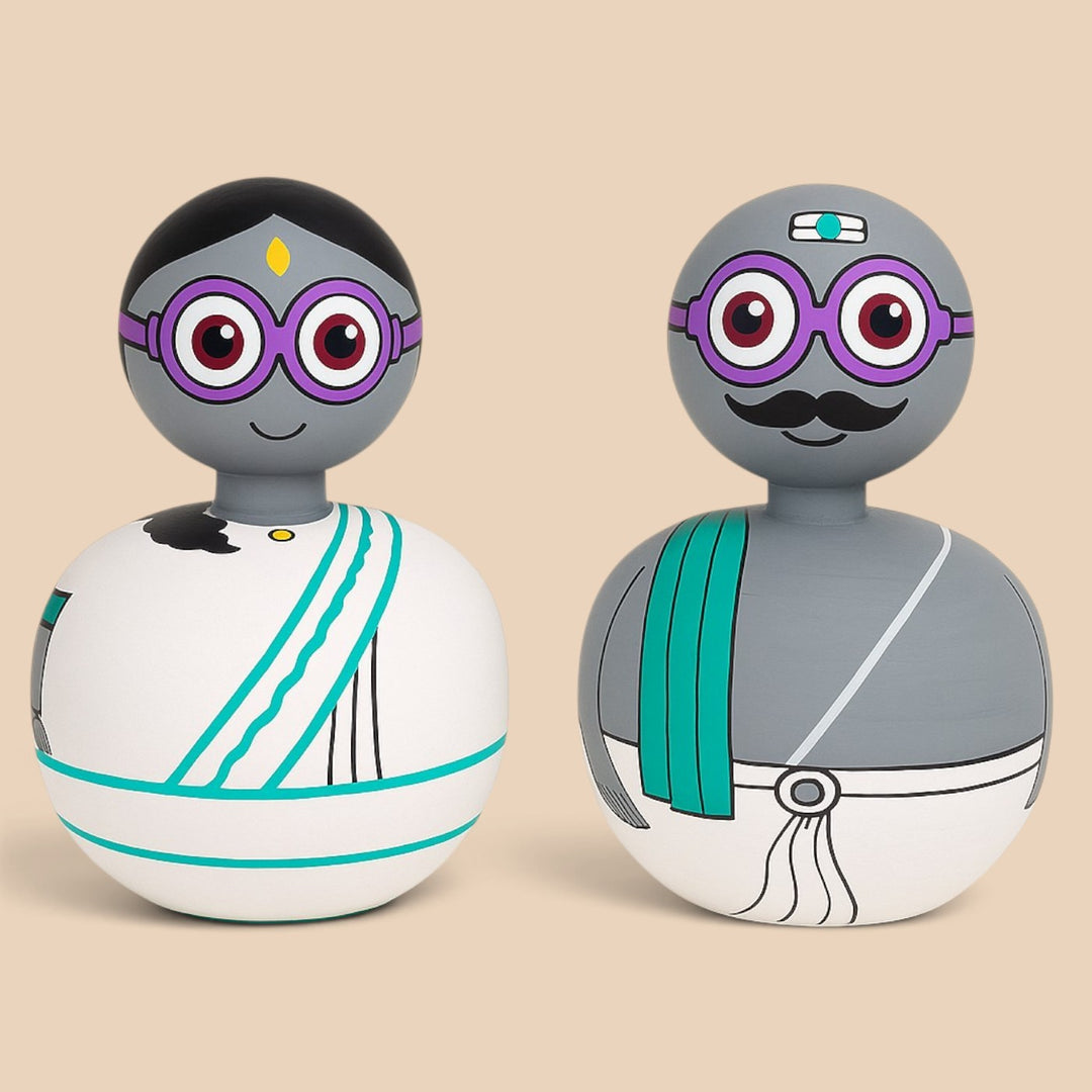 Set of 2 | Hand-Painted White & Grey Bobble Head Couple Wooden Golu Dolls For Gifting & Decor