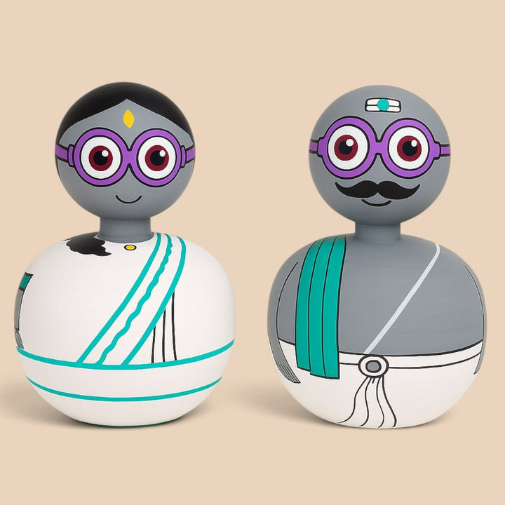 Set of 2 | Hand-Painted White & Grey Bobble Head Couple Wooden Golu Dolls For Gifting & Decor