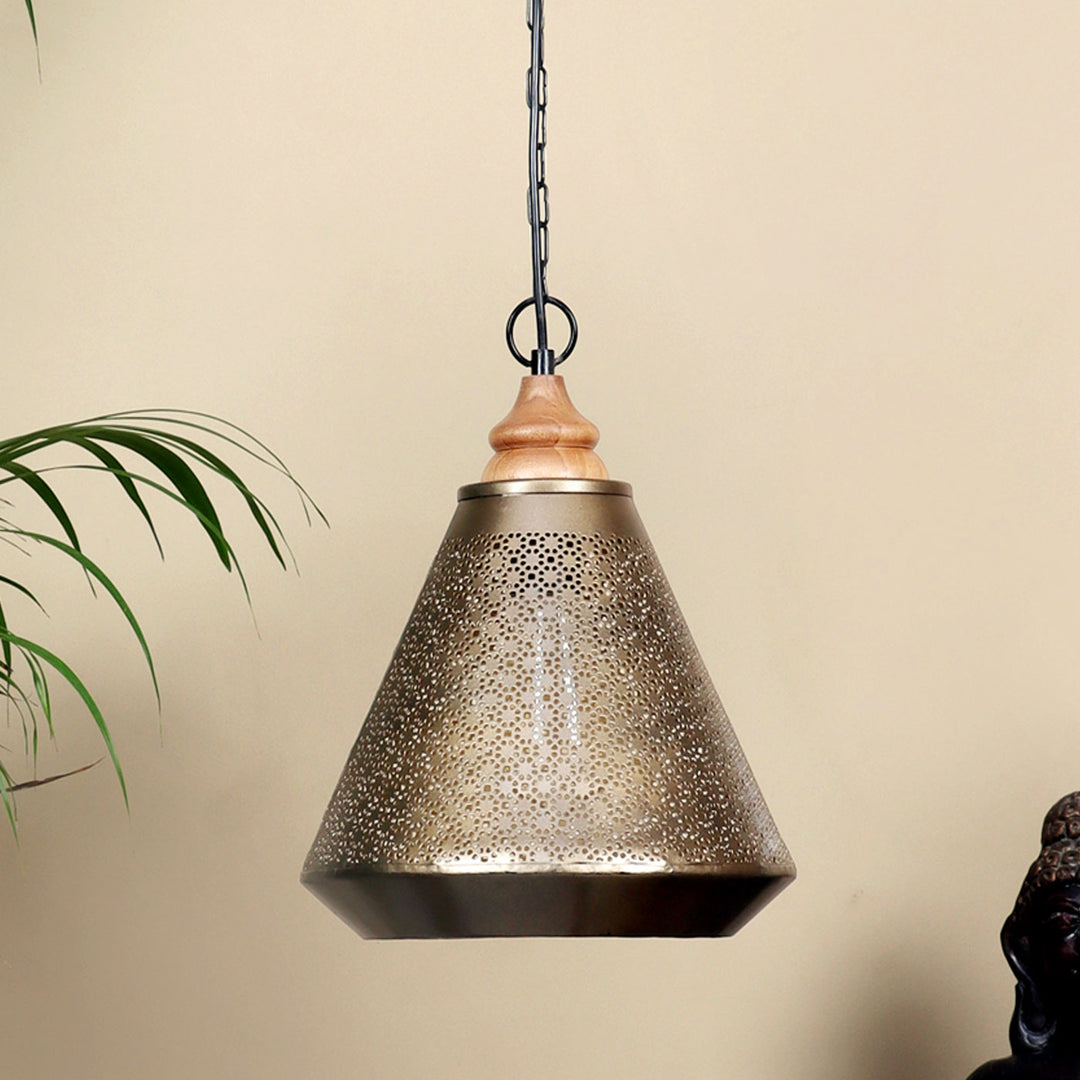 Mysore Hanging Metal Lamp with a Wooden Canopy
