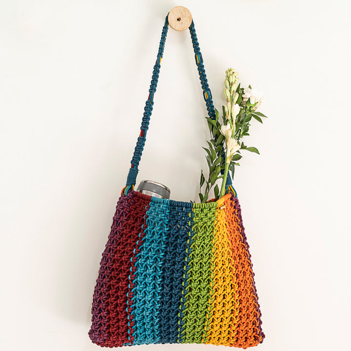 Hand-Knotted Macrame Multicolor Maya Striped Tote Bag