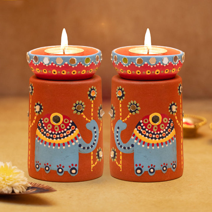 Handpainted Terracotta Mirror-work Elephant Tealight Holder | Set of 2