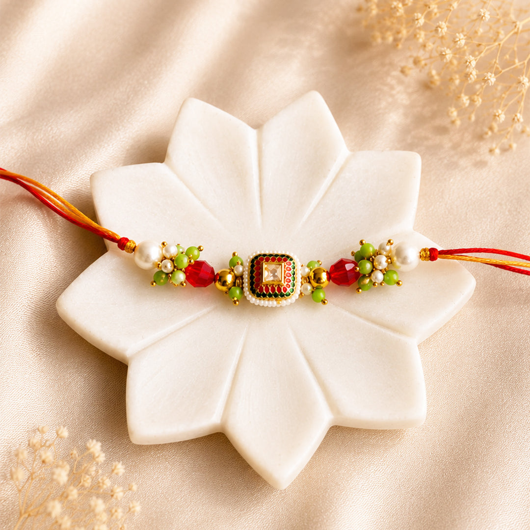 Hand-Knotted Red Meenakari Beaded Rakhi With Roli Chawal For Brother