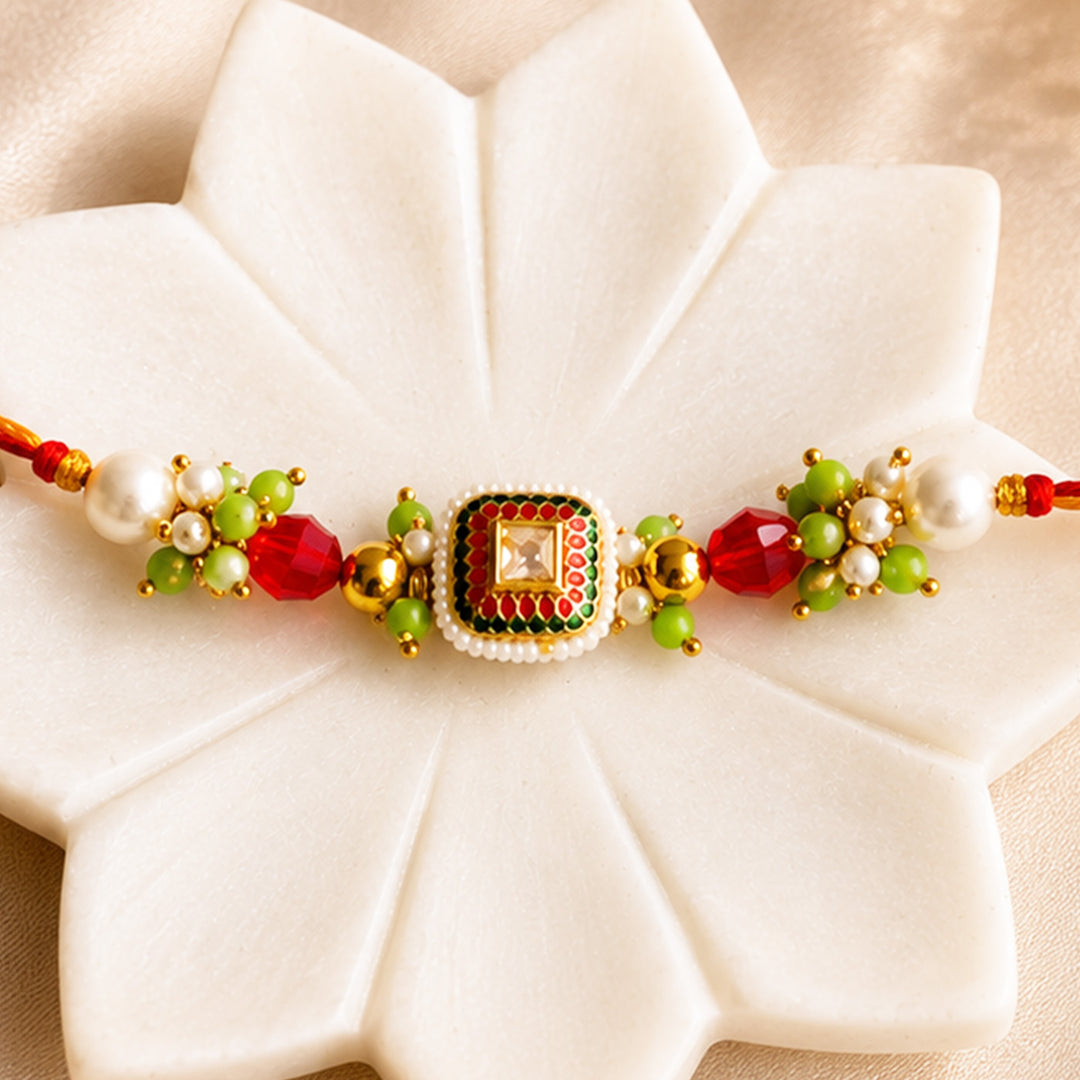 Hand-Knotted Red Meenakari Beaded Rakhi With Roli Chawal For Brother