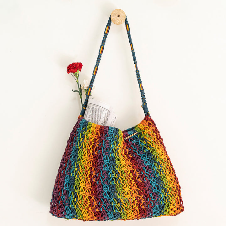 Hand-Knotted Macrame Multicolor Maya Blended Striped Tote Bag