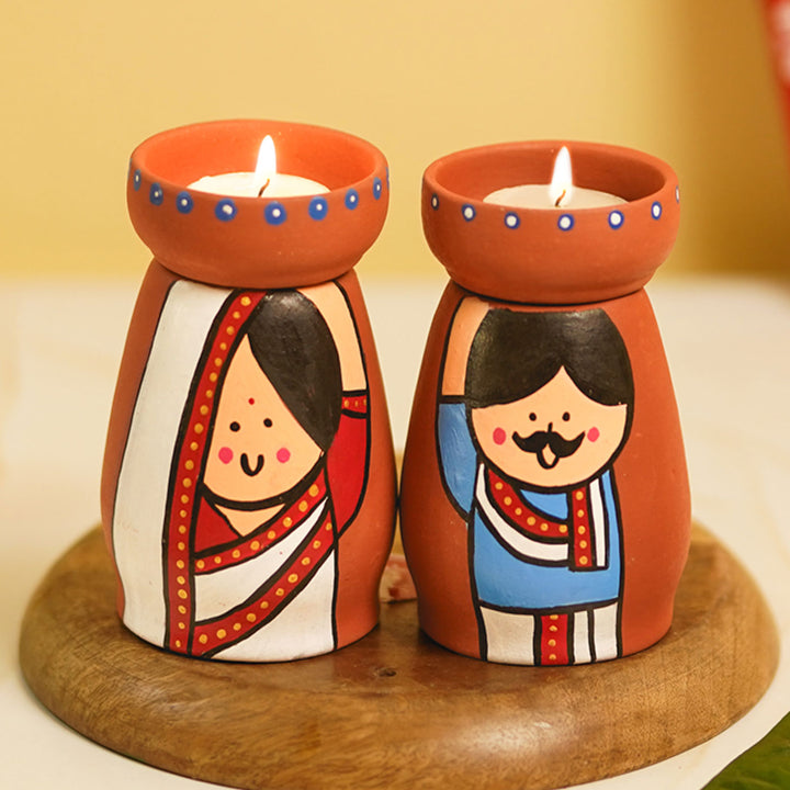 Handpainted Clay Tealight Holders with Bengali Couple | Set of 2