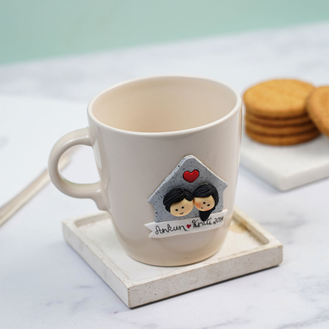 Personalized Couple & House Mug With 3D Clay Figurine