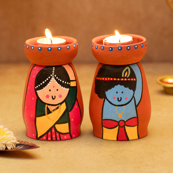 Handpainted Terracotta Tealight Holders with Divine Characters