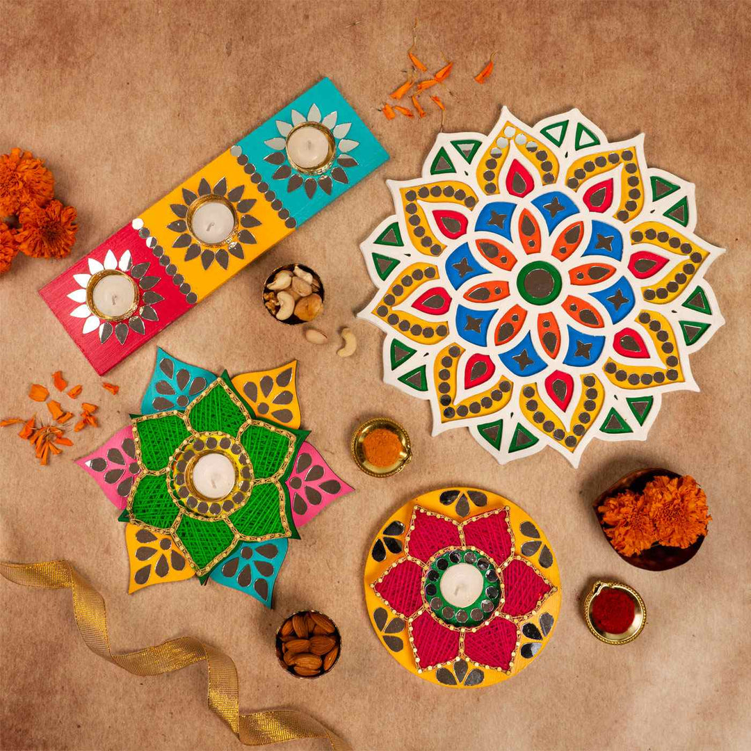 Floral Shaped Green String Art & Mirrors Tealight Holder