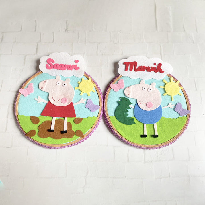 Personalized Felt Peppa Pig Theme Wall Name Plate - Front View Showing Name Personalization