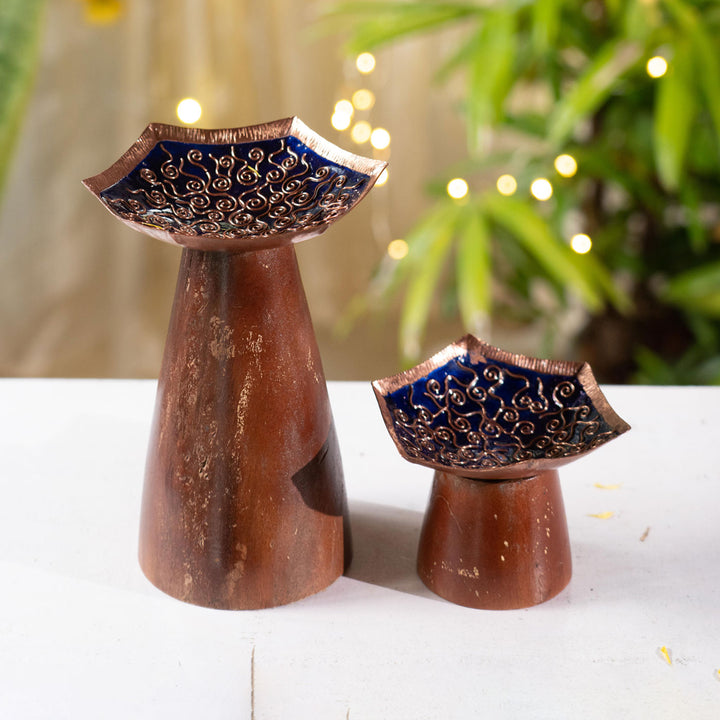 Copper Enamel & Mango Wood Festive Samai I Oil Lamp