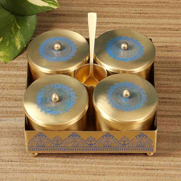 Dohar Handcrafted Brass Condiment Jars with Tray & Spoon