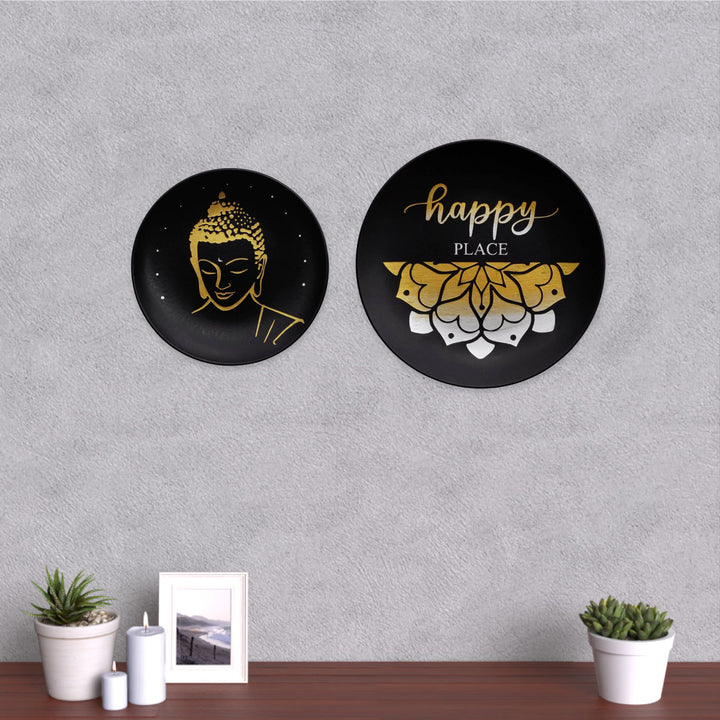 Hand-painted Happy Place & Buddha Ceramic Wall Plate Set