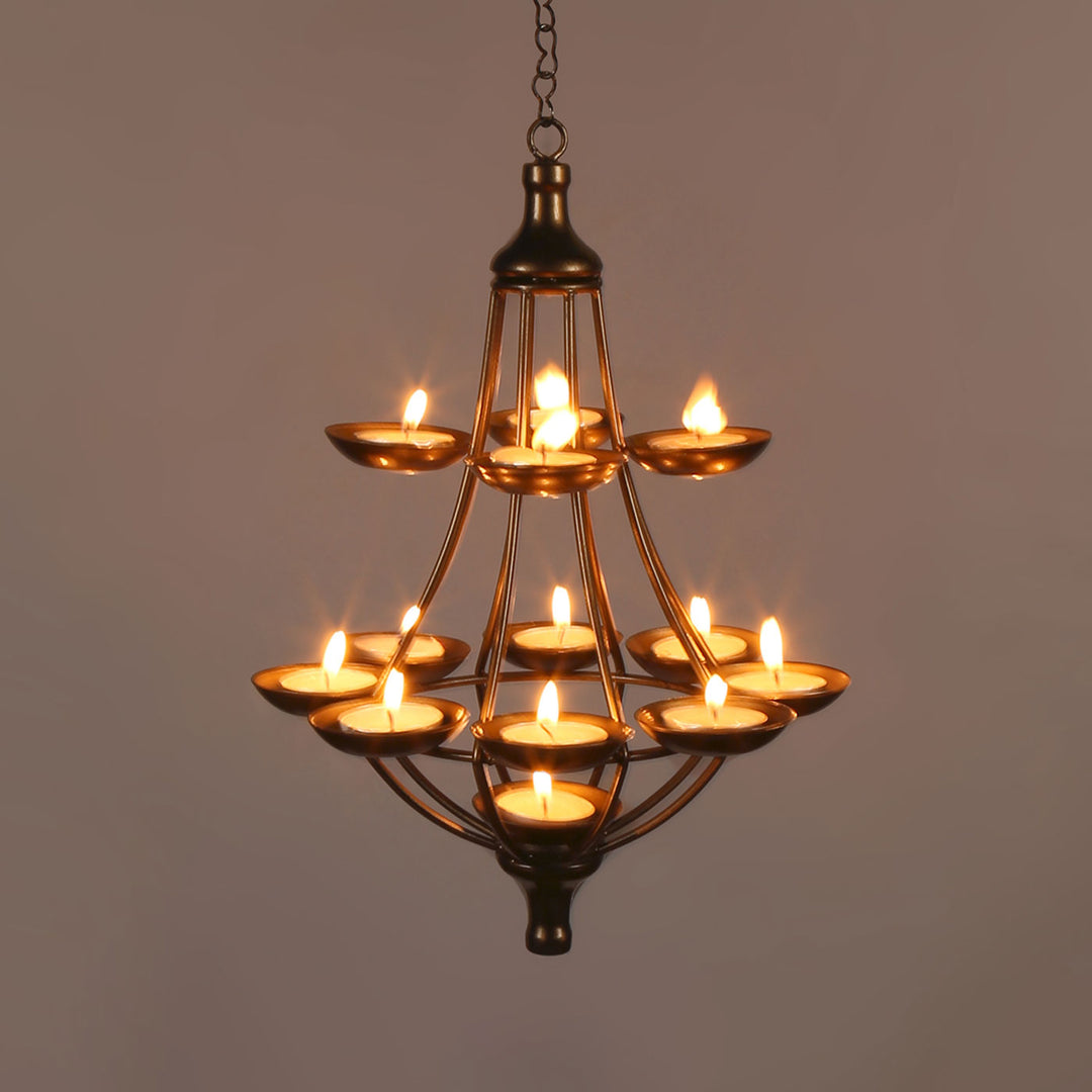 Ektara Gold Finish 12 Tealights Hanging with Metal Chain