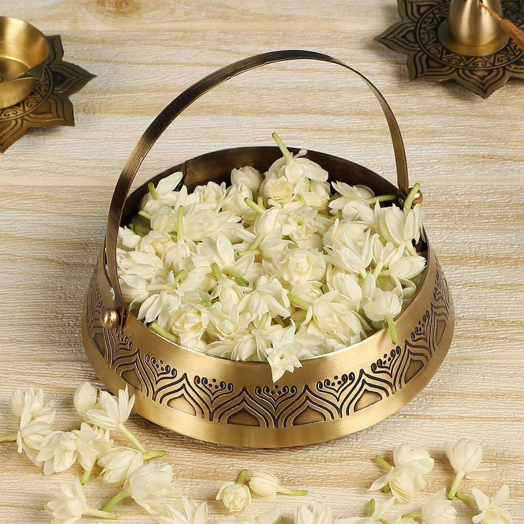 Alpana Handcrafted Antique Brass Flower & Diya Urli