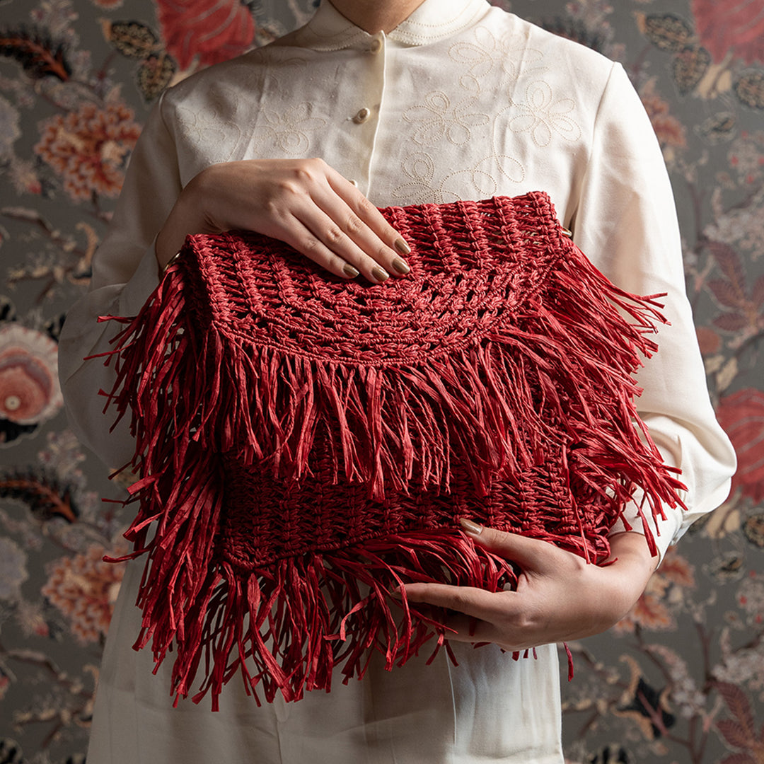 Handmade Macrame Crimson Red Poppy Raffia Handbag
