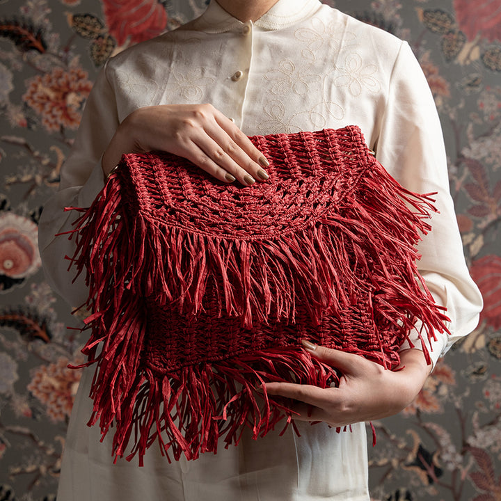 Handmade Macrame Crimson Red Poppy Raffia Handbag
