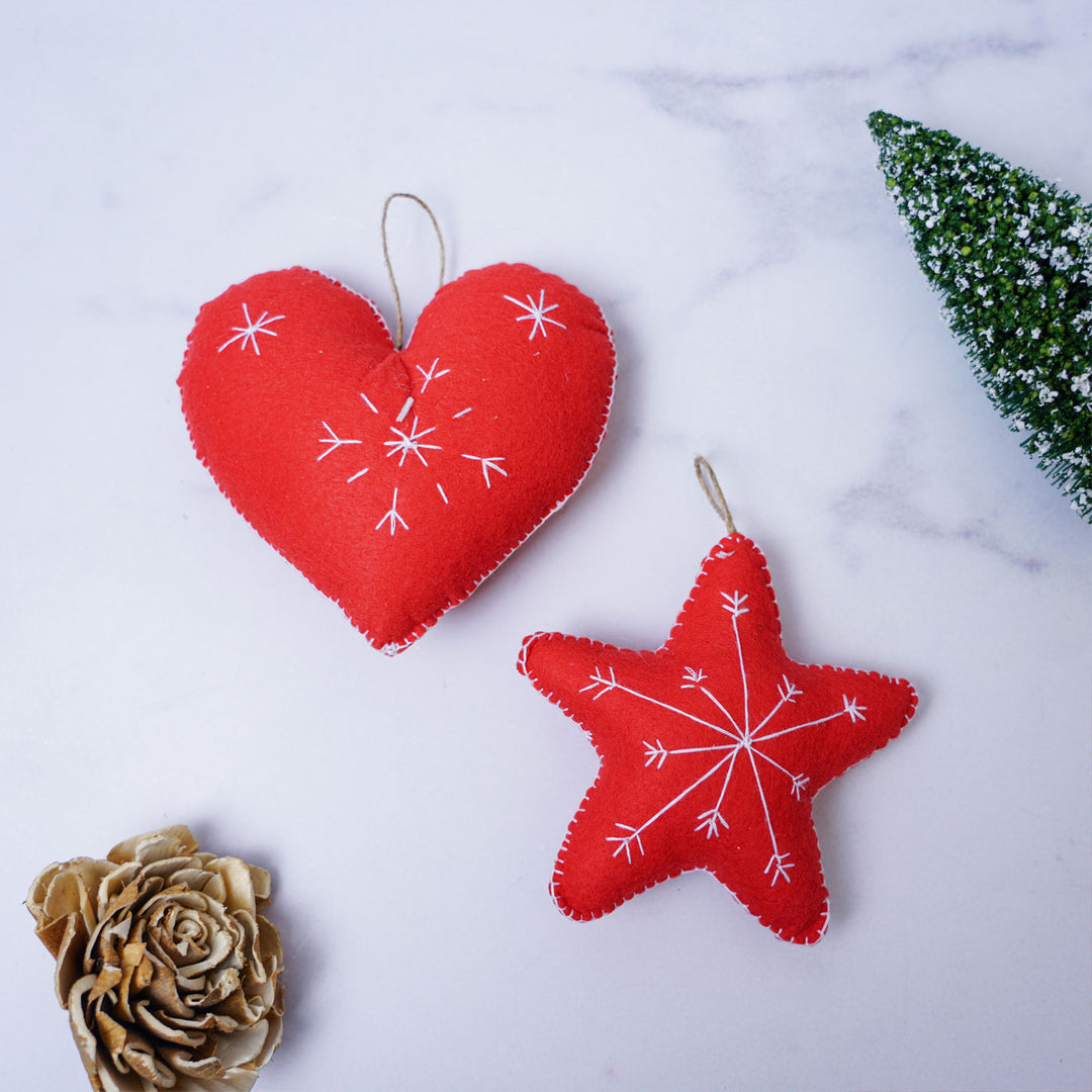 Handmade Heart & Star Embroidered Felt Ornaments For Christmas Tree Decoration | Set Of 4