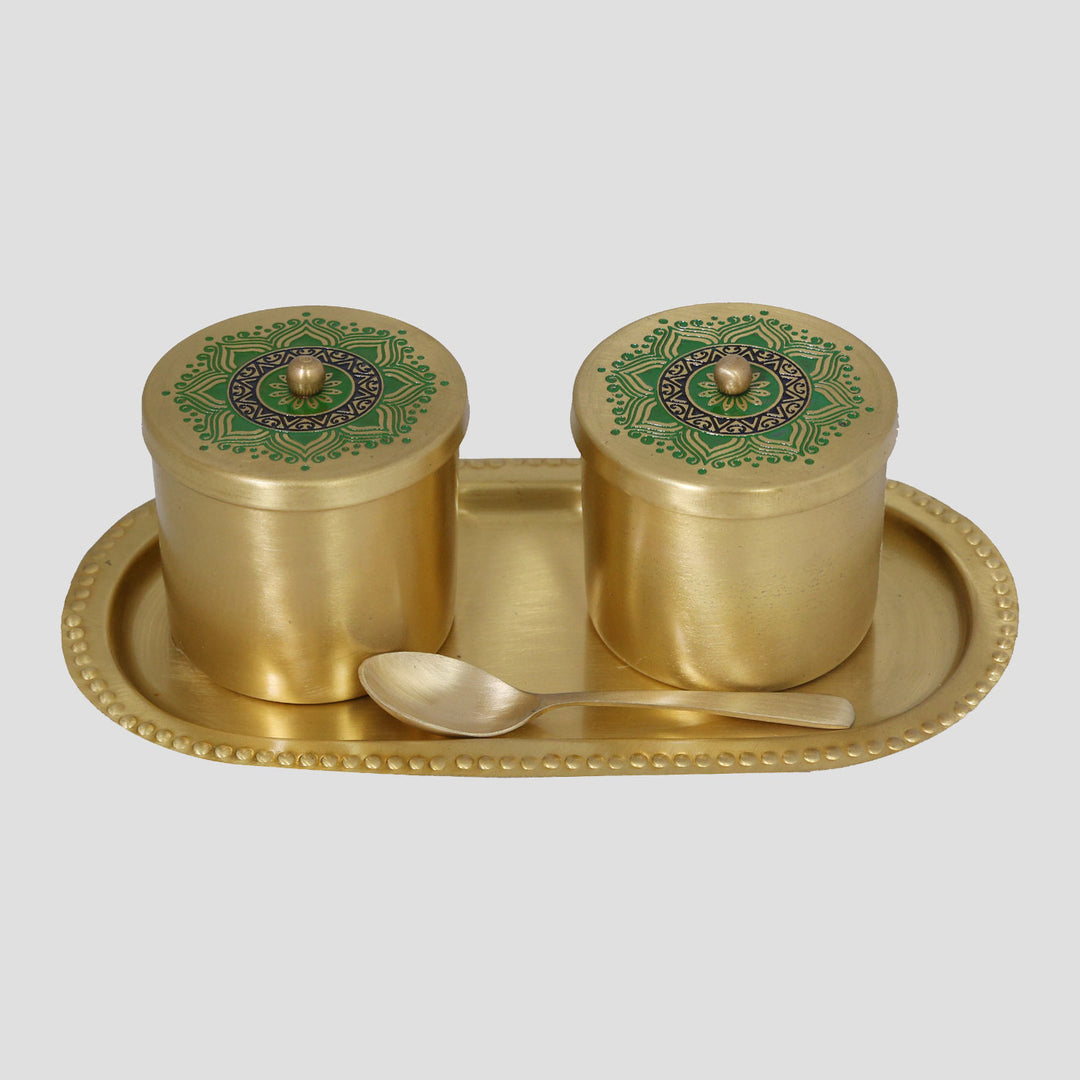 Utsav Handcrafted Brass Condiment Jars with Tray & Spoon