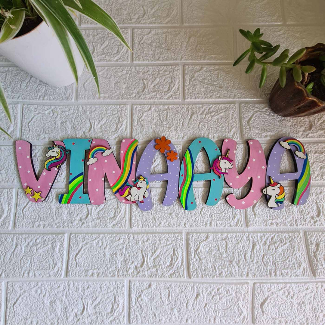 Handcrafted Personalized Unicorn Themed Name Plate For Kids