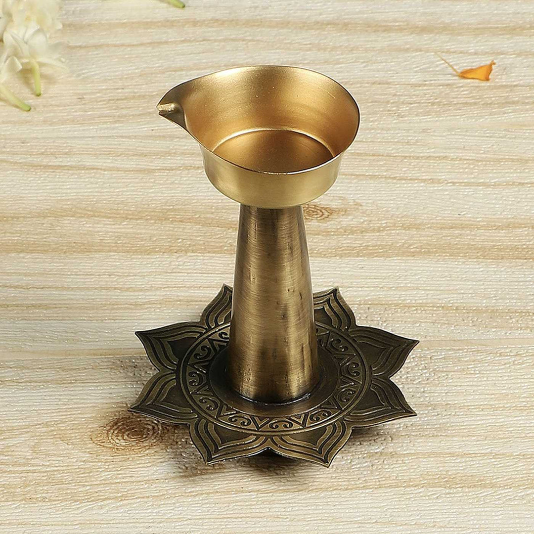 Alpana Handcrafted Antique Brass Diya with Stand