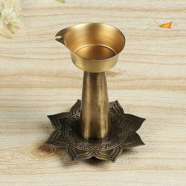 Alpana Handcrafted Antique Brass Diya with Stand