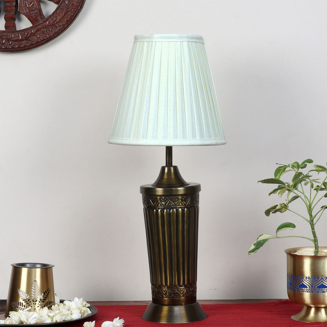 Bronze Finish Metal Table Lamp with Pleated Cotton Shade