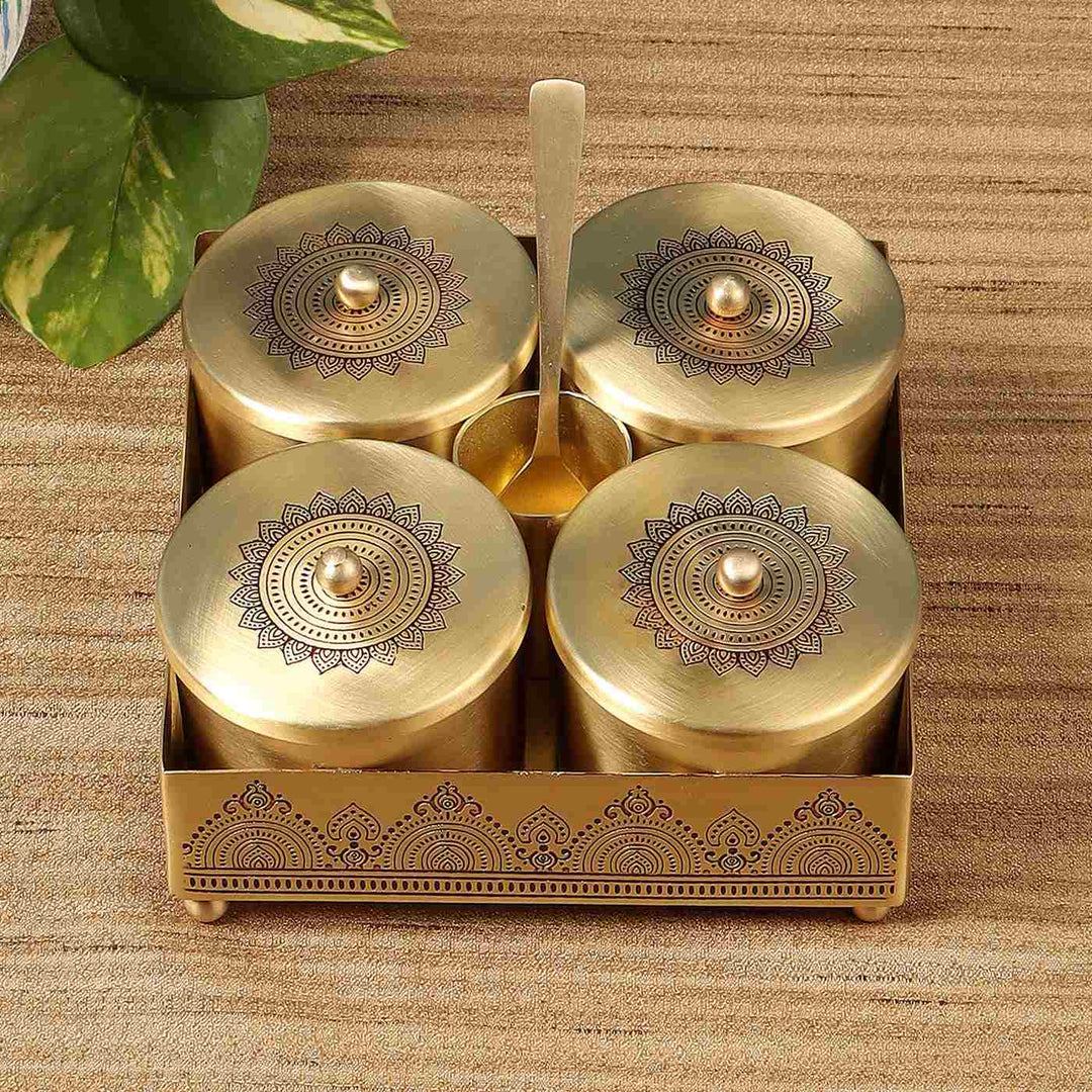 Dohar Handcrafted Brass Condiment Jars with Tray & Spoon