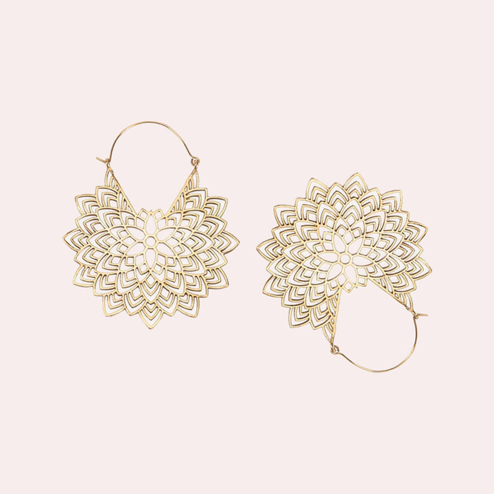 Handmade Brass Modern Hoop Earrings - Flower Bloom Pattern