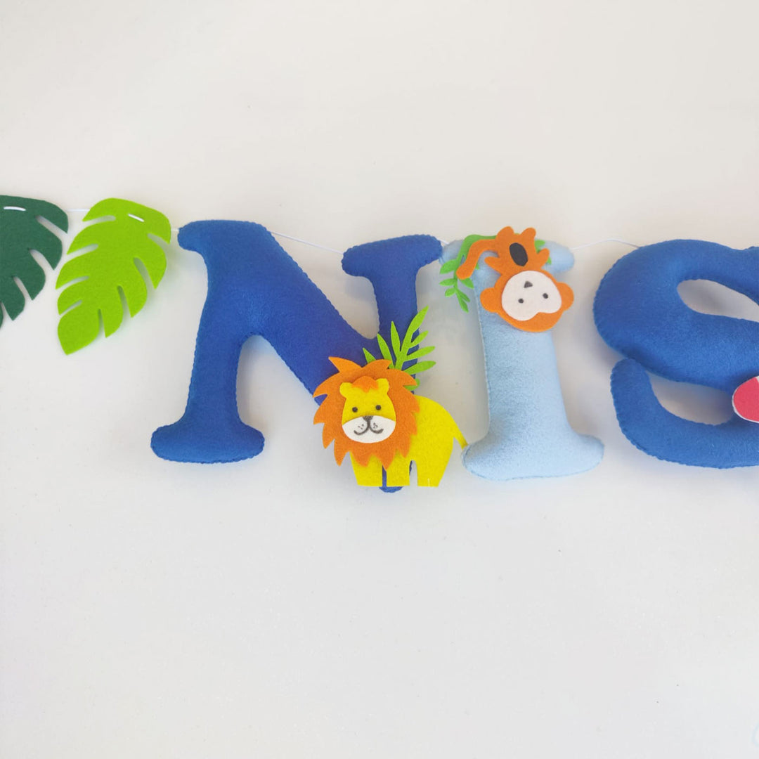 Handcrafted Personalized Jungle Theme Felt Bunting - Close-up of Front Facing Letters