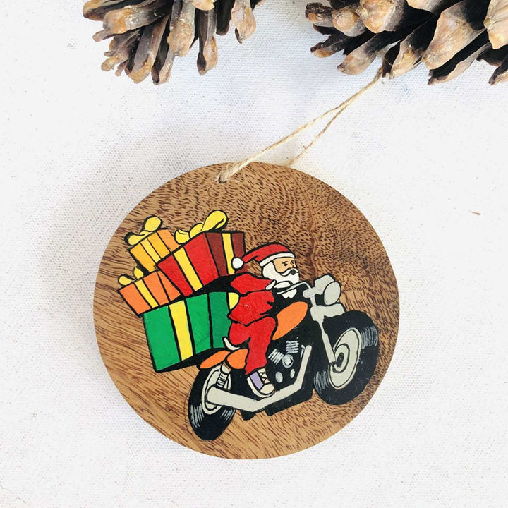 Hand-Painted Biker Santa Wooden Ornaments For Christmas Tree Decoration