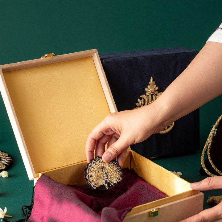 Kali Zardozi on Burgundy Suede Box | Elegant Handcrafted Storage