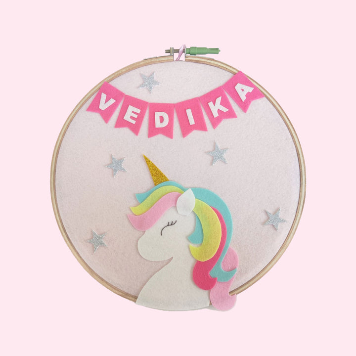 Handcrafted Personalized Unicorn Hoop Nameplate - Front View with Personalized Name