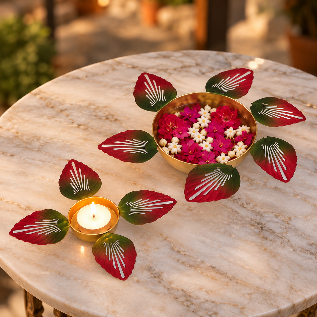 Handmade Red & Green Leaves Urli | Set of 2