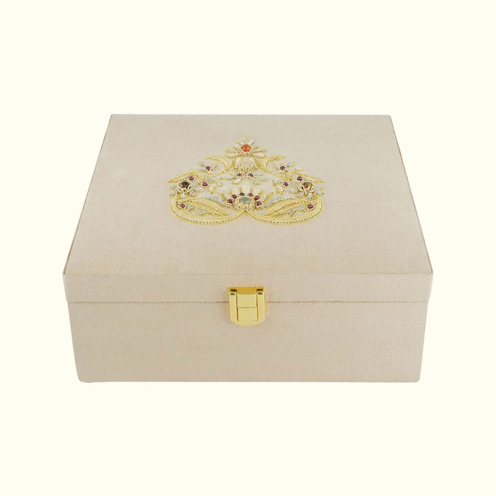 Paan Zardozi on Cream Suede Box | Elegant Handcrafted Storage