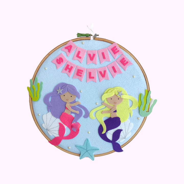 Handcrafted Personalized Mermaid Sisters Hoop Nameplate - Front View Hanging with Name Banner
