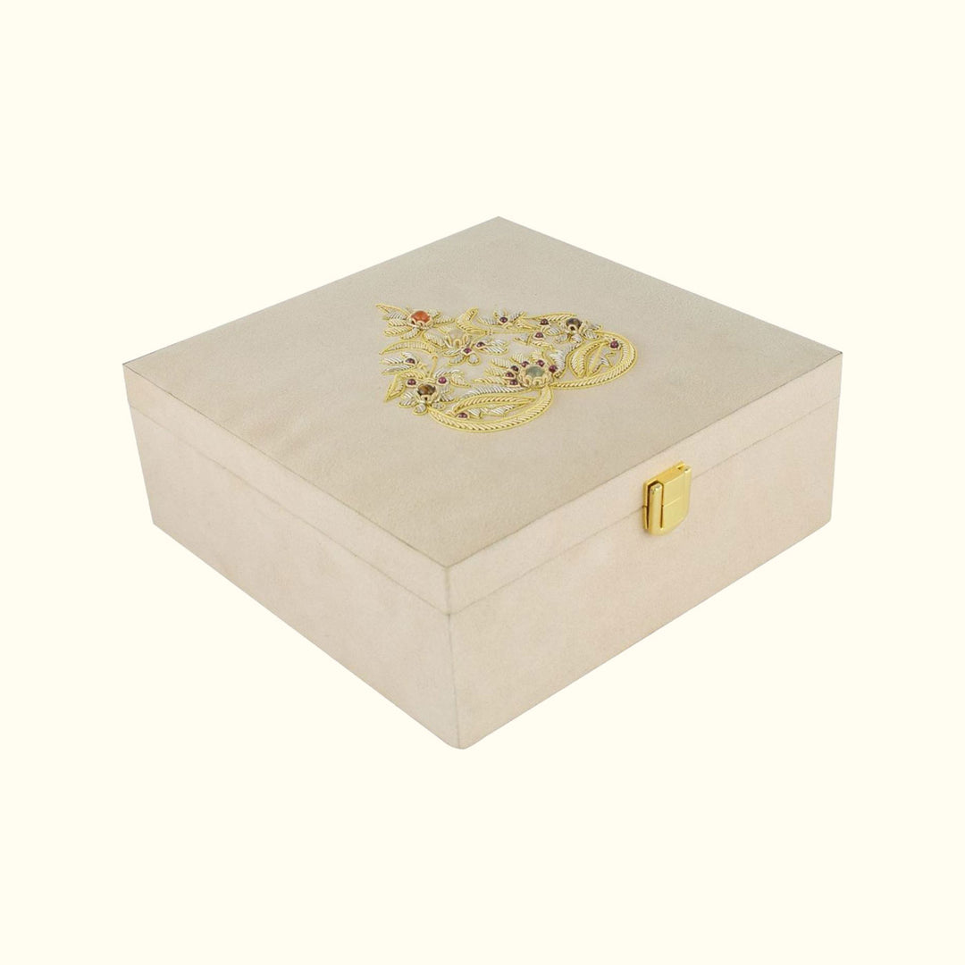 Paan Zardozi on Cream Suede Box | Elegant Handcrafted Storage
