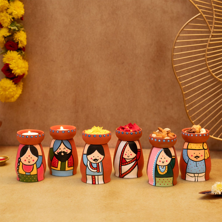 Handpainted Clay Tealight Holders with Punjabi Couple | Set of 2