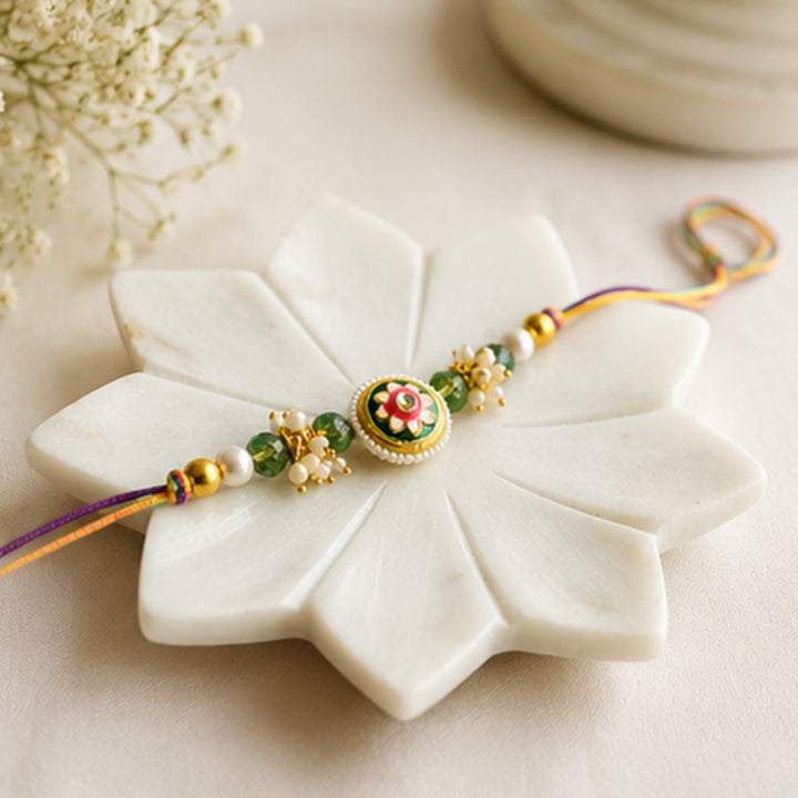 Hand-Knotted Green Meenakari Beaded Rakhi For Brother