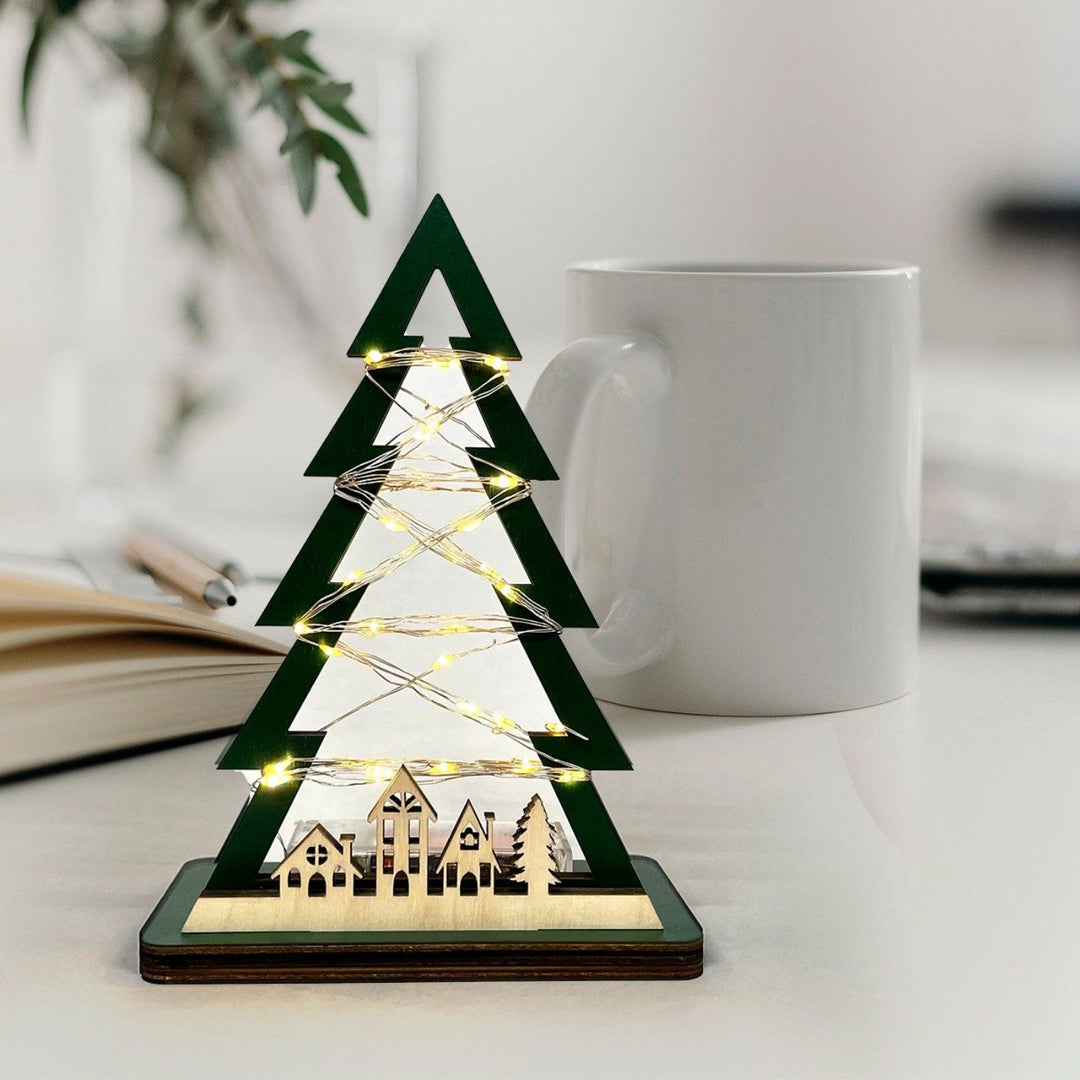Handcrafted Xmas Tree With Lights Wooden Table Decor For Christmas Decoration