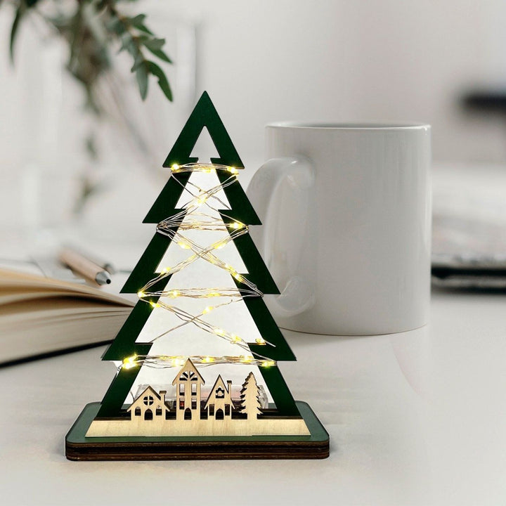 Handcrafted Xmas Tree With Lights Wooden Table Decor For Christmas Decoration