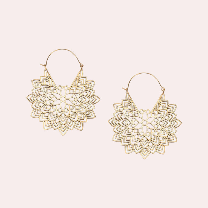 Handmade Brass Modern Hoop Earrings - Flower Bloom Pattern