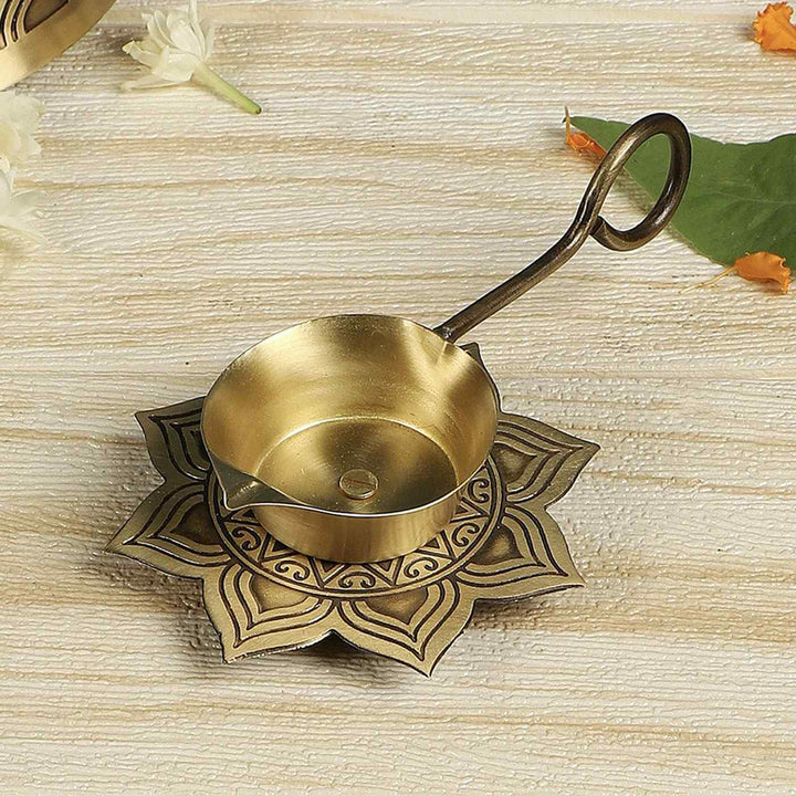 Alpana Handcrafted Antique Brass Diya with Handle