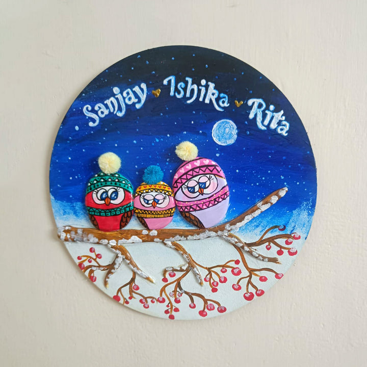 Hand-painted Pebble Art Owl Family Name Plate